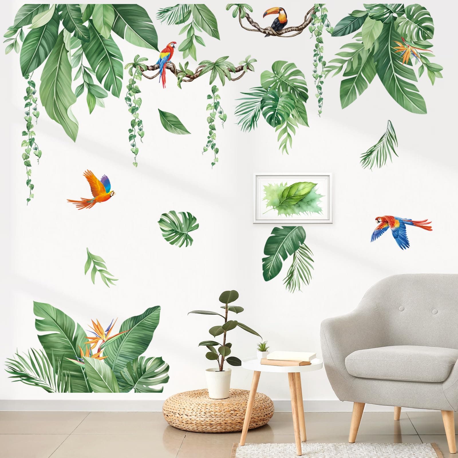 decalmile Wandtattoo Tropische Blätter Pflanzen Wandaufkleber Hängende Rebe Grün Palmen Blätter Vögel Wandsticker Kinderzimmer Wohnzimmer Schlafzimmer Flur Wanddeko Grün Blätter Angebot bei HelloDeals