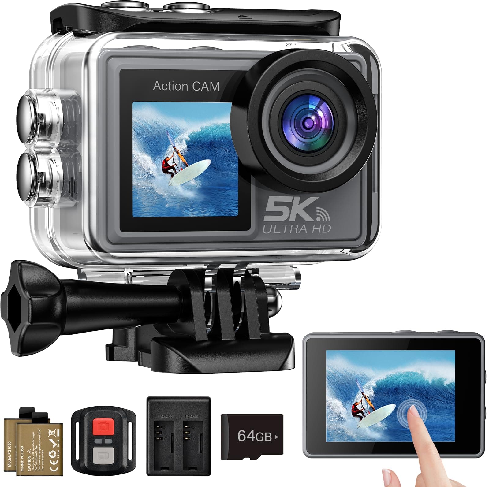 Action Cam 5K/ 4K, 50MP 30M/98FT wasserdichte Unterwasserkamera mit 64GB SD Karte, EIS, WiFi, 170° Ultra-Weitwinke Action Kamera–Ideal für Fahrrad, Schnorcheln, Motorrad, helmkamera Angebot bei HelloDeals