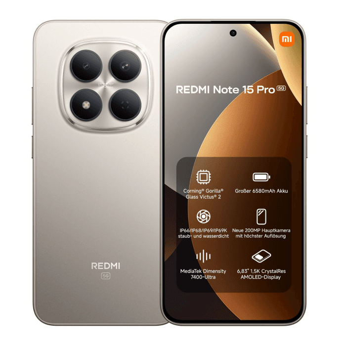 XIAOMI Redmi Note 15 Pro 5G Smartphone (12+512 GB) – 6580-mAh-Akku, IP66/IP68 Staub- und Wasserschutz, Neue 200-MP-Kamera, 6,83" AMOLED-Display, Titanium, 2 Jahre Garantie Redmi Note 15 Pro 5G 12+512GB Titanium Angebot bei HelloDeals
