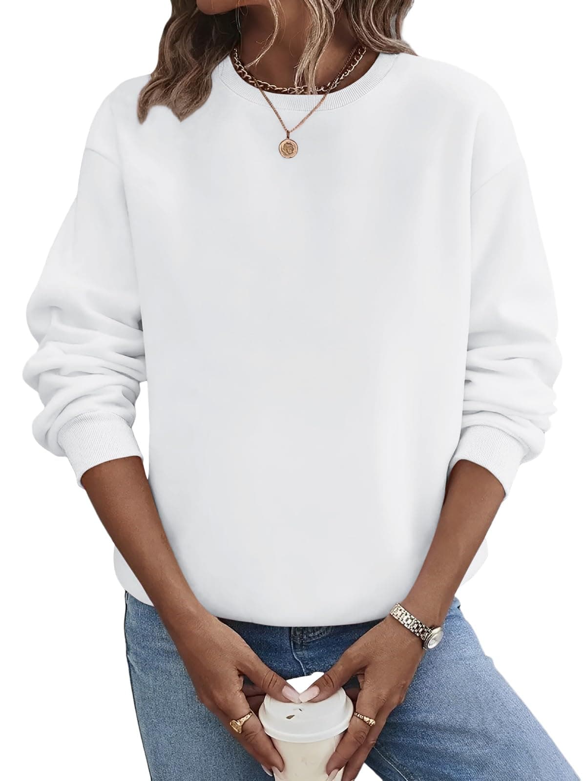 TICTICMIMI Lässige Damen-Sweatshirts mit Rundhalsausschnitt, langärmelig, lockere Passform, Herbst-Shirt L Weiss/Opulenter Garten Angebot bei HelloDeals