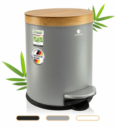 Exitoso 5L Mülleimer Bad Grau - Kosmetikeimer mit Bambus-Holzdeckel und Absenkautomatik - mit Rutschfest Pad - Tretmülleimer Bad aus Edelstahl - Badmülleimer - Badezimmer Mülleimer Angebot bei HelloDeals