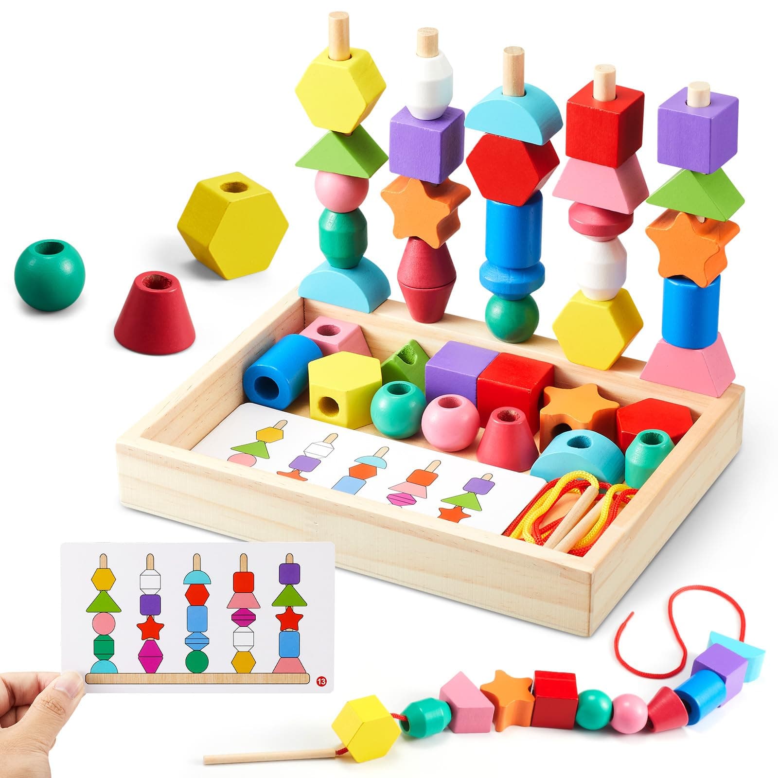 Montessori Spielzeug ab 3 4 5 Jahre Motorikspielzeug Fädelspiel Bausteine Sortierspiel für Kinder, Holz StapelspielFeinmotorik Lernspiele Geschenk für Baby Junge Mädchen （Mit Aufbewahrungsbox） Color2 Angebot bei HelloDeals