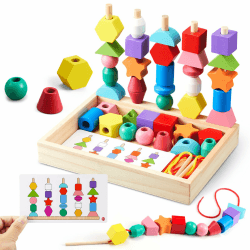 Montessori Spielzeug ab 3 4 5 Jahre Motorikspielzeug Fädelspiel Bausteine Sortierspiel für Kinder, Holz StapelspielFeinmotorik Lernspiele Geschenk für Baby Junge Mädchen （Mit Aufbewahrungsbox） Color2 Angebot bei HelloDeals