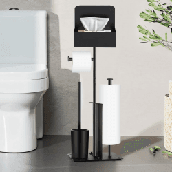Toilettenpapierhalter Stehend mit WC Bürste - Edelstahl Schwarz Garnitur mit Klopapierhalter und Klobürste, Ohne Bohren, Toilettenbürste und Klorollenhalter mit Feuchttücherbox Angebot bei HelloDeals