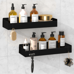 Duschablage Ohne Bohren, 2 Stück Rostfreie Badezimmer Organizer, 30cm Duschregal mit 8 Haken, Shampoo Halterung für Dusche, Matt Schwarz Metall Duschkorb Angebot bei HelloDeals