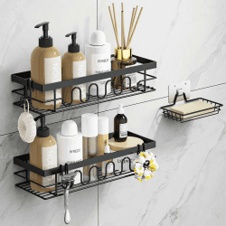 Duschablage Ohne Bohren, 3-TLG Duschorganizer mit Verstellbaren Körben, Rostfrei - Maximaler Stauraum mit Seifenhalter & 3 Haken für Dusch Freie Kombination Angebot bei HelloDeals