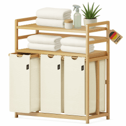 Wäschesammler 3 fächer 148 Liter aus Bambus mit 2 Ebenen Großer Wäschekorb mit Herausnehmbarem Wäschesack Rechteckige Wäschebox für Bad Schlafzimmer und Waschküche 77.5x41.3x100.5CM Beige Beige0615 Angebot bei HelloDeals
