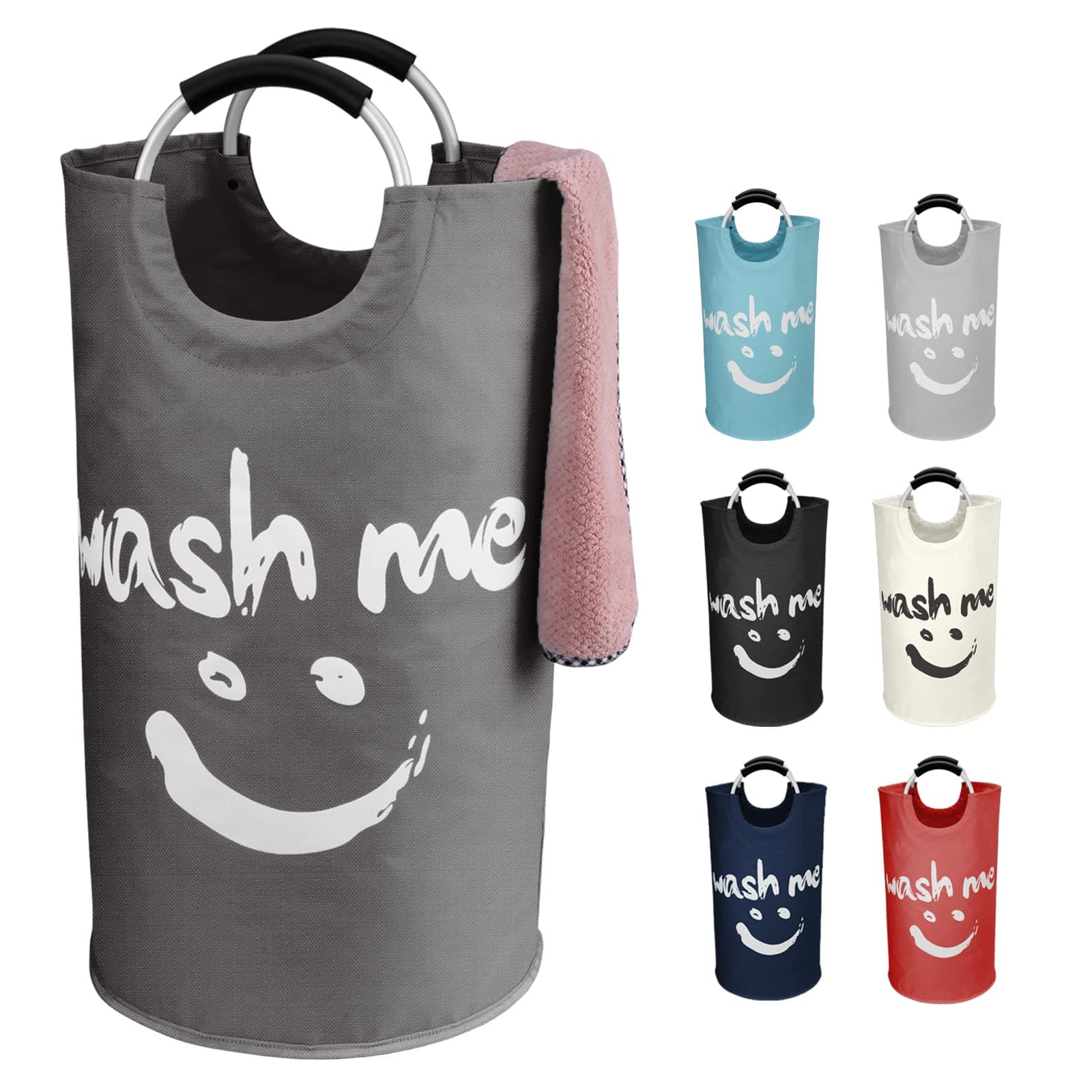 95L Faltbarer Wäschekorb, Wäschesack Groß mit Smiley-Gesicht und Griff, Freistehender Wäschesammler aus Oxford-Gewebe, Tragbarer Wäschetonne für Wohnheim, Schlafzimmer, Reisen, Dunkelgrau L-95L Dunkelgrau Angebot bei HelloDeals