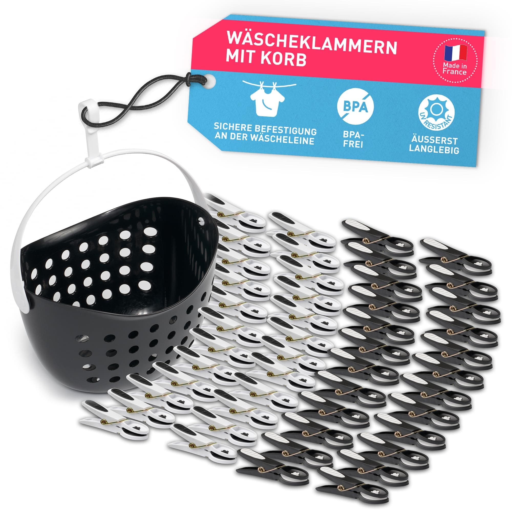 48 Wäscheklammern mit Korb stabil/Klammerkorb schwarz, Wäschekluppen ohne Abdruck, Klammern Wäsche, Soft Clip groß schwarz weiß, Wäscheklammerkorb zum Aufhängen auf Wäscheleine und Wäscheständer Angebot bei HelloDeals