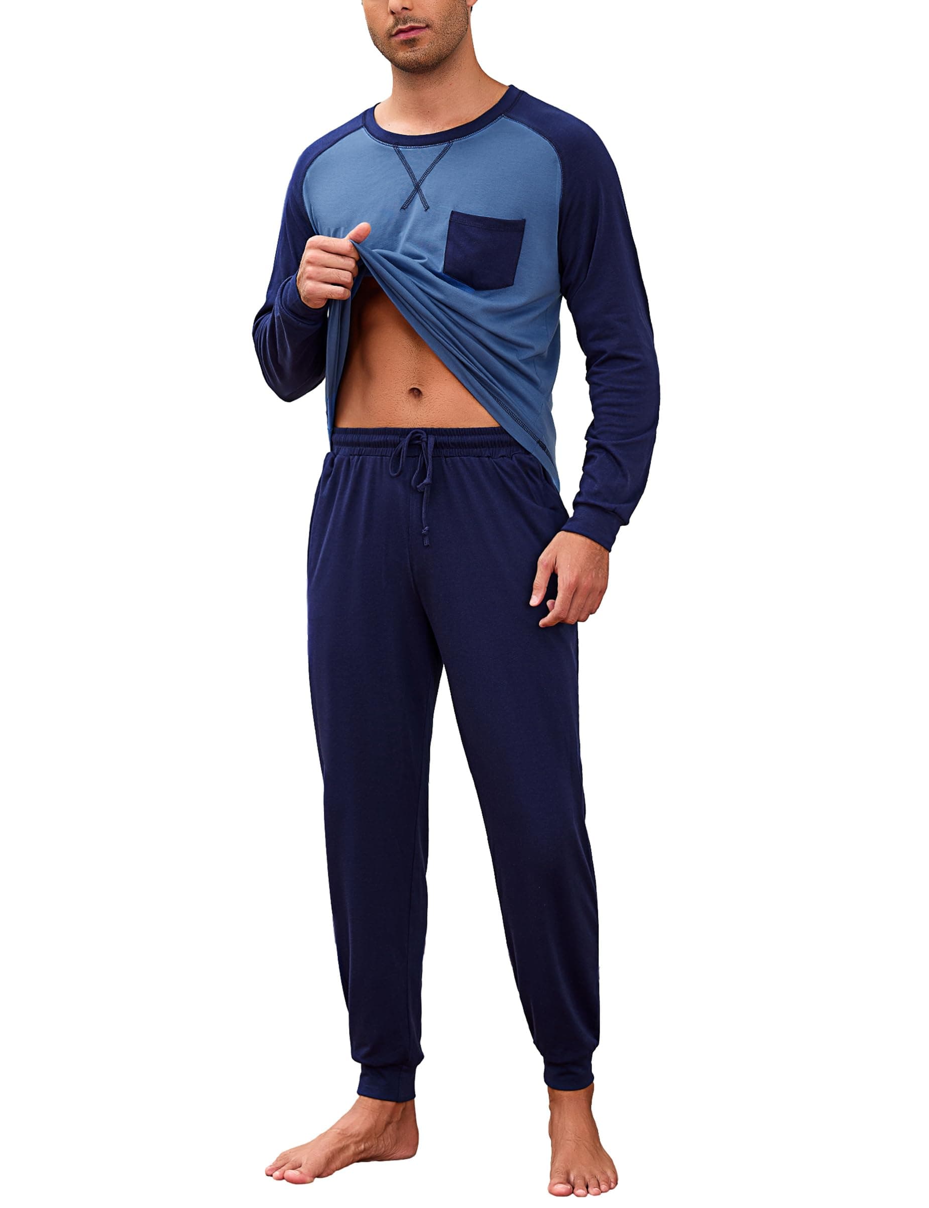 Aseniza Schlafanzug Herren Pyjama Lang Set Baumwolle Winter Pijamas Zweiteiliges mit Schlafanzüge Hose Nachtwäsche Langarm für Männer Geschenk L Kobaltblau/Dunkelblau Angebot bei HelloDeals