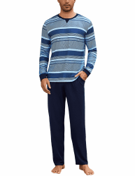 Schlafanzug Herren Lang Baumwolle Pyjama Herren Langarm mit Kontraststreifen Winter Pyjama Set für Männer Zweiteiliger Nachtwäsche L Marineblau + Hellblau Angebot bei HelloDeals