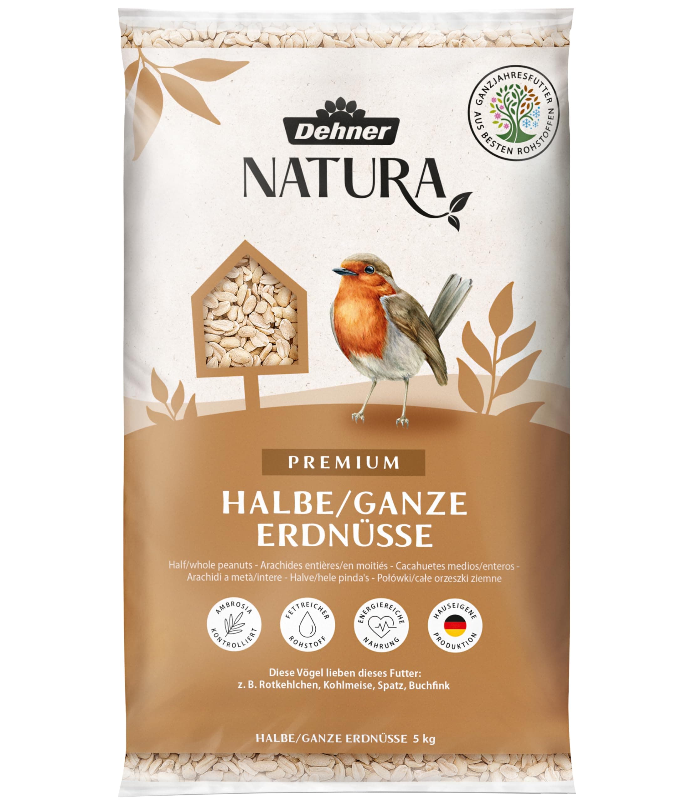 Dehner Natura Premium Wildvogelfutter, halbe / ganze Erdnüsse schalenfrei, Ganzjahresfutter proteinreich / energiereich, hochwertiges Vogelfutter für Wildvögel, 5 kg Erdnüsse 5 kg (1er Pack) Angebot bei HelloDeals