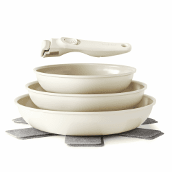 Redchef Pfannenset mit Abnehmbarer Griff, Pfanne Induktion, Keramikpfanne mit Antihaftbeschichtung, 6-Teiliges 20, 24, 28 cm Platzsparend Keramik Pfannen, PTFE-, PFOA- und PFAS-frei, Beige Angebot bei HelloDeals