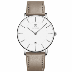 Flache Damen Analog Quarz Armbanduhr mit Leder/Silikon Armband, Datum, 2 Zeiger, 39 mm Gehäusegröße 02 Leder Beige Weiß Angebot bei HelloDeals