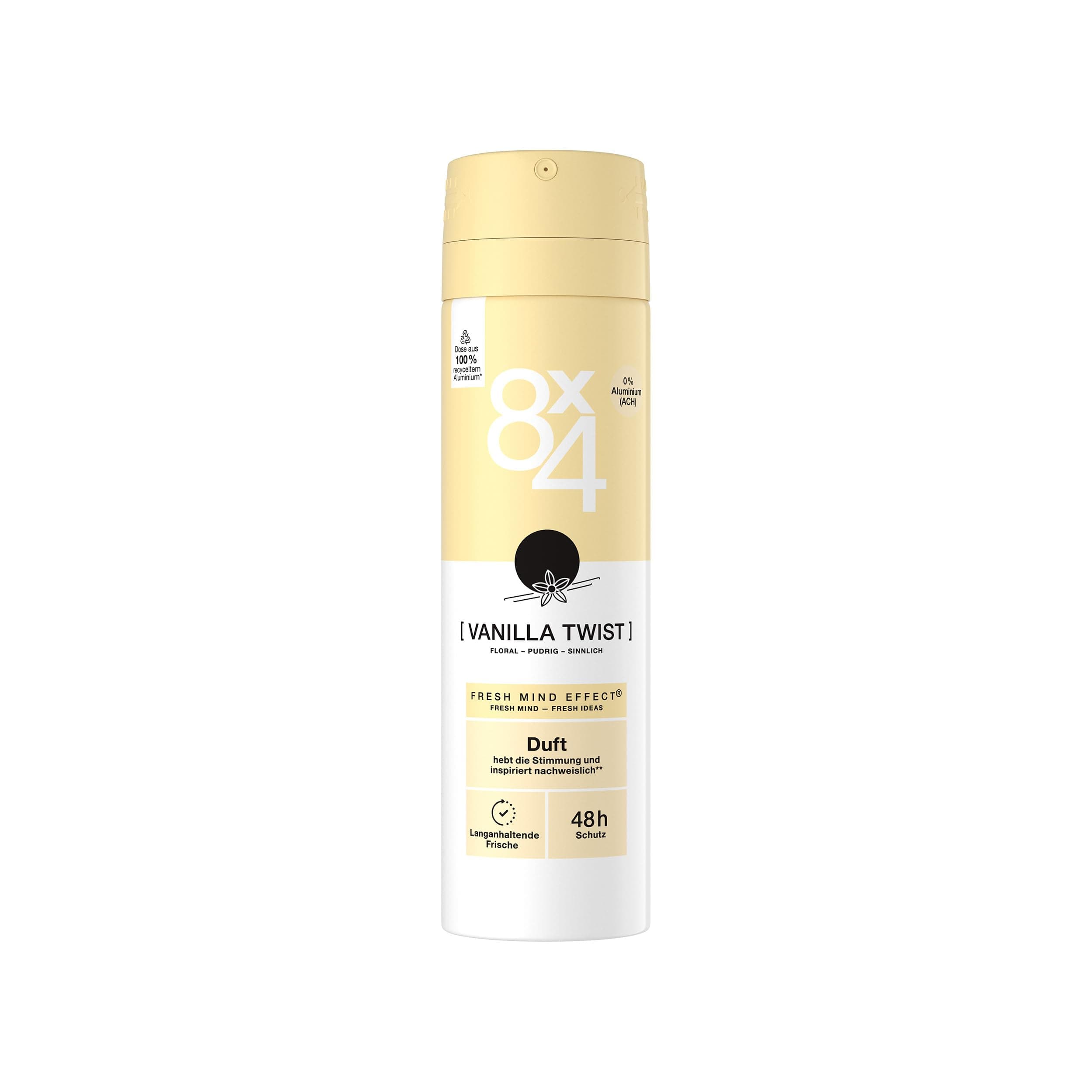8X4 Vanilla Twist Deospray, Deodorant mit pudrigem Vanille Duft, sinnliches Deo ohne Aluminium (ACH) mit 48h zuverlässigen Schutz (150 ml) Angebot bei HelloDeals