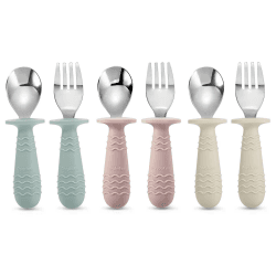 PandaEar 6 Stück Kinderbesteck| Silikongriff Edelstahl Kindergeschirr Set | Baby Besteck Esslernbesteck ab 1 jahr | Kinder Löffel und Gabel Set für Baby Kleinkind (Blau Rosa Weiß) Ysilver Angebot bei HelloDeals