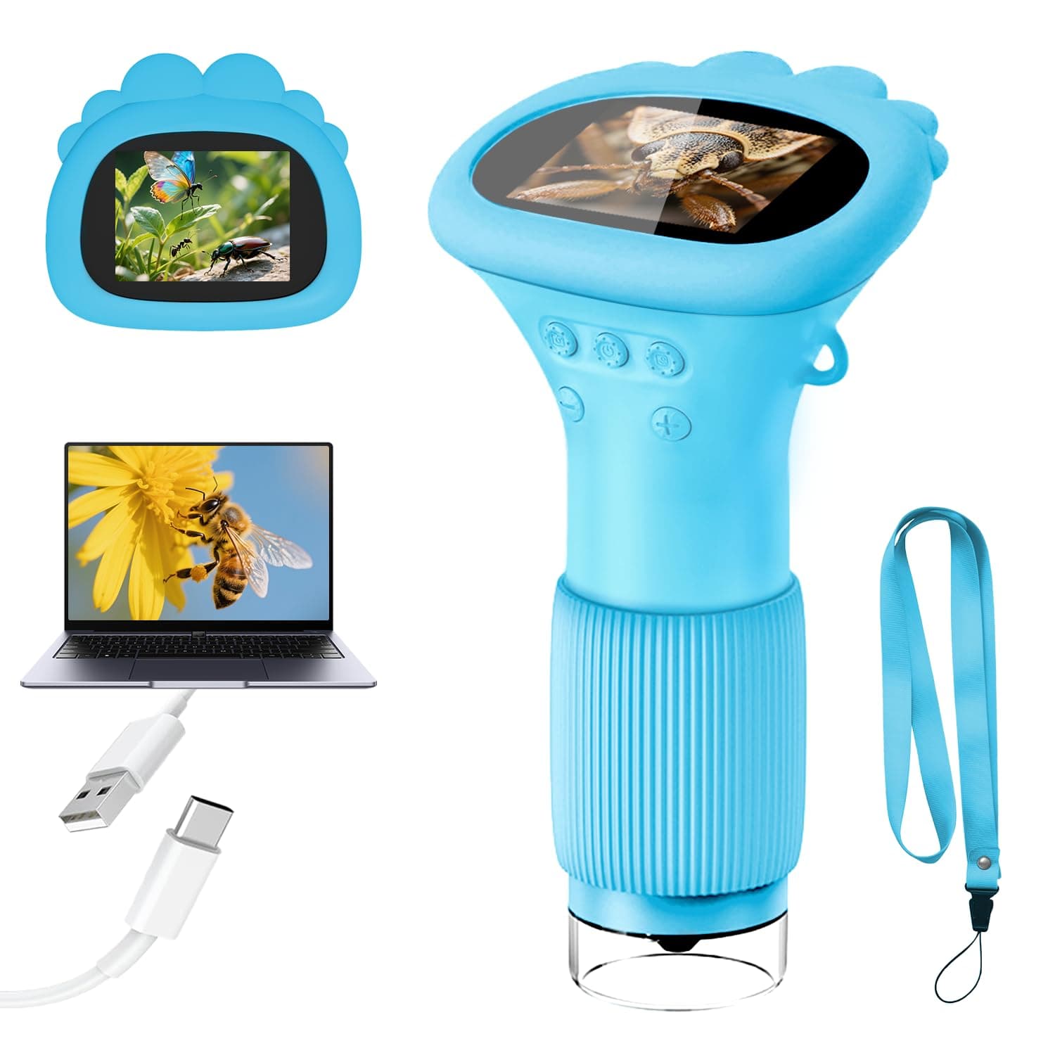 Acoath Mikroskop für Kinder, Digitales Taschenmikroskop mit 2,0" IPS-Bildschirm Lupe 200x Vergrößerung, 8 LED Lights Handy Kindermikroskop für Garten Spielzeug - Blau Angebot bei HelloDeals