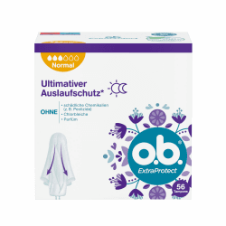 o.b. ExtraProtect Normal Tampons 56 Stk., Tampontechnologie mit extra Schutzflügel und Dynamic Fit Technologie für Tag und Nacht, 100 Prozent Auschlaufschutz 1x 56 Angebot bei HelloDeals
