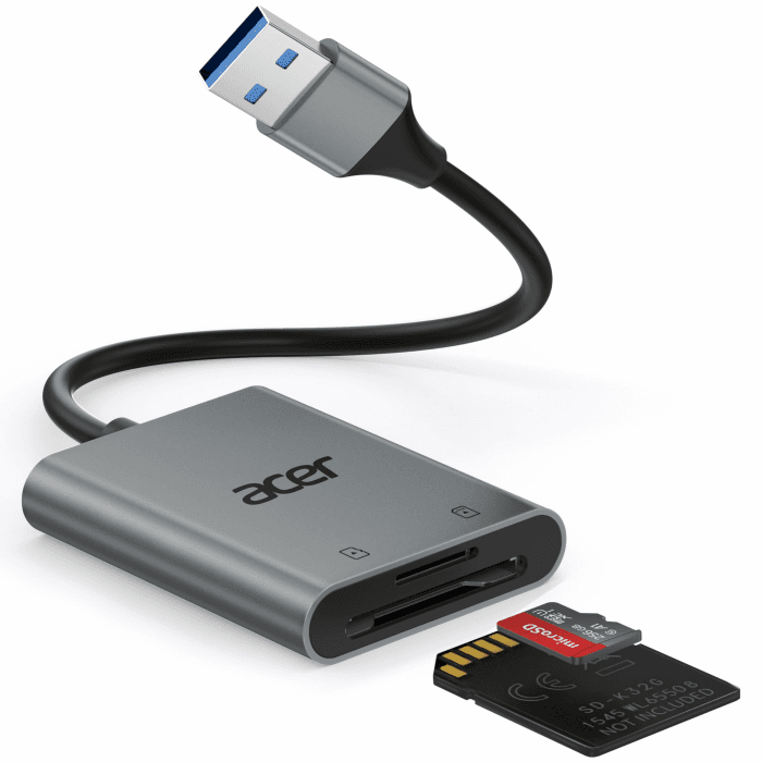 acer USB 3.0 Kartenleser mit Kabel, USB-A SD Micro SD Card Reader Aluminium Kartenlesegerät Typ A Speicherkartenleser Adapter für Computer, PC, Laptop, Trail Camera, SDXC, Micro SDHC, TF, RS-MMC. Grau Angebot bei HelloDeals