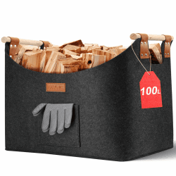 Ezilif Holzkorb für Kaminholz Groß XXL, Kaminholzkorb mit Doppelt Verstärkten Leder, 100L Brennholzkorb aus Filz, Filzkorb Kaminholz mit Fronttasche, Faltbarer Korb für Kaminholz 60x40x40cm 60x40x40cm(100L) Angebot bei HelloDeals