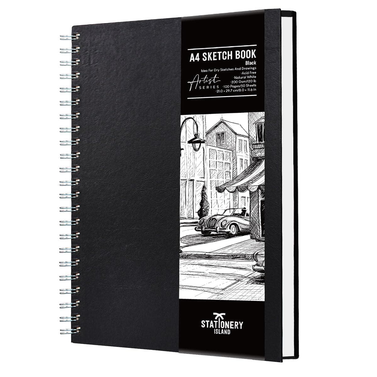 STATIONERY ISLAND A4 Skizzenbuch, 200 g/m² Dickes Papier, Spiralgebundener Zeichenbuch Hardcover, Skizzenblock zum Skizzieren, Illustration, Porträt, 50 Blatt/100 Seiten Angebot bei HelloDeals