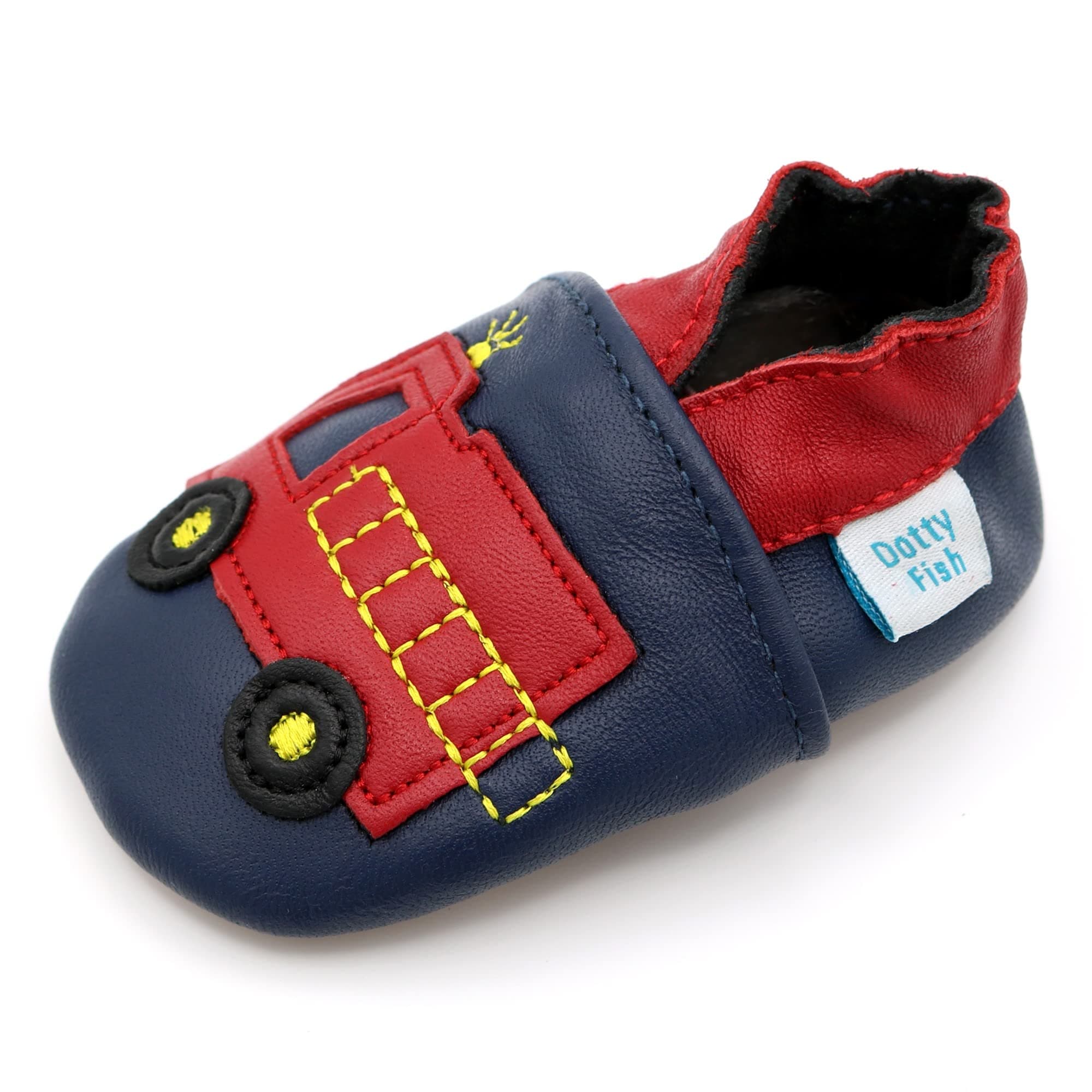 Dotty Fish Weiche Baby Kinder Lederschuhe mit weichen Wildledersohlen. Krabbelschuhe. Jungen. (17-28 EU) Feuerwehrauto 3-4 Jahre Angebot bei HelloDeals