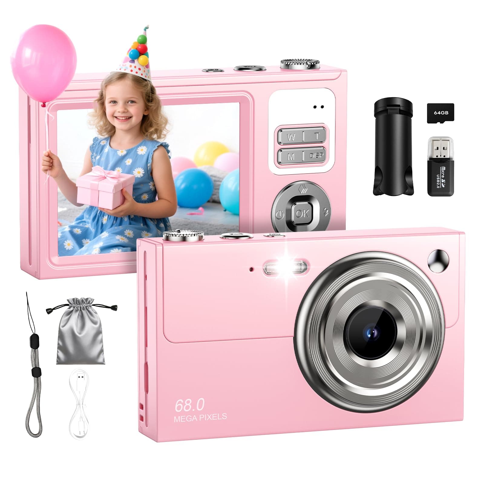 Digitalkamera 4K 64MP Fotokamera 16X Digitalzoom Kamera, Vlogging Fotoapparat Kompaktkamera mit 2,8" LED Bildschirm, 64G Micro Speicherkarte, 1 Akku für Kinder Teenager Studenten Anfänger-Rosa Angebot bei HelloDeals