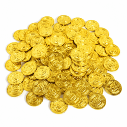 Piraten Goldmünzen, 100 Stück, 2,5 cm Durchmesser, Kunststoff Spielmünzen, Goldfarben Angebot bei HelloDeals