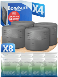BonAura® 4x Luftentfeuchter ohne Strom + 8x 400g Luftenfeuchter Nachfüllpack - Raumentfeuchter bis 40m² für Keller, Bad uvm. - Entfeuchter und Luftentfeuchter Granulat im Set - Schutz vor Schimmel 4 X Entfeuchter + 8 X Granulat AirOne Select Angebot bei HelloDeals