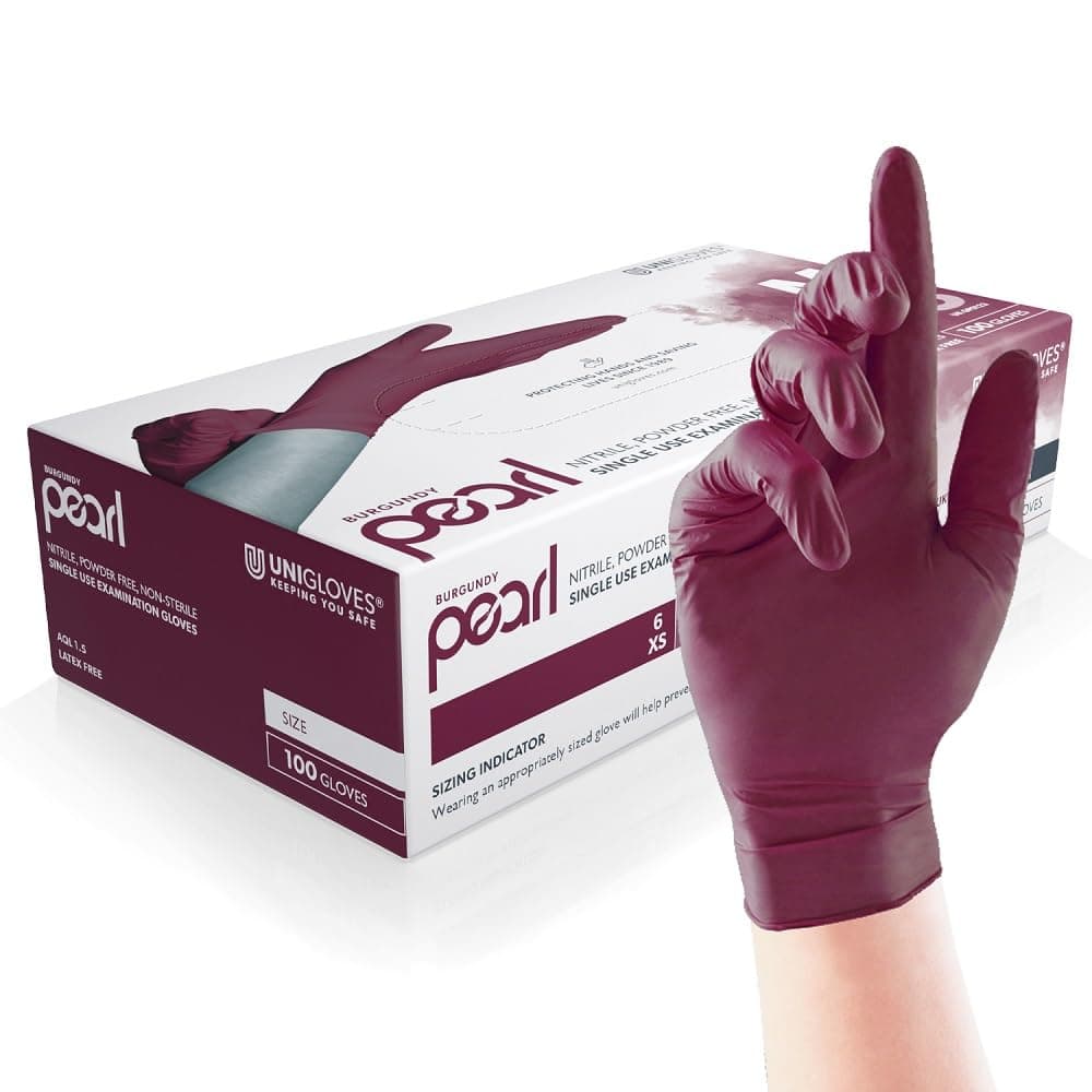 UNIGLOVES Burgundy Pearl Nitril-Untersuchungshandschuhe - vielseitig einsetzbar, puderfreie und latexfreie Einweghandschuhe - Box mit 100 Handschuhen, Burgunderrot, Mittel (GP0123) M Burgund Angebot bei HelloDeals