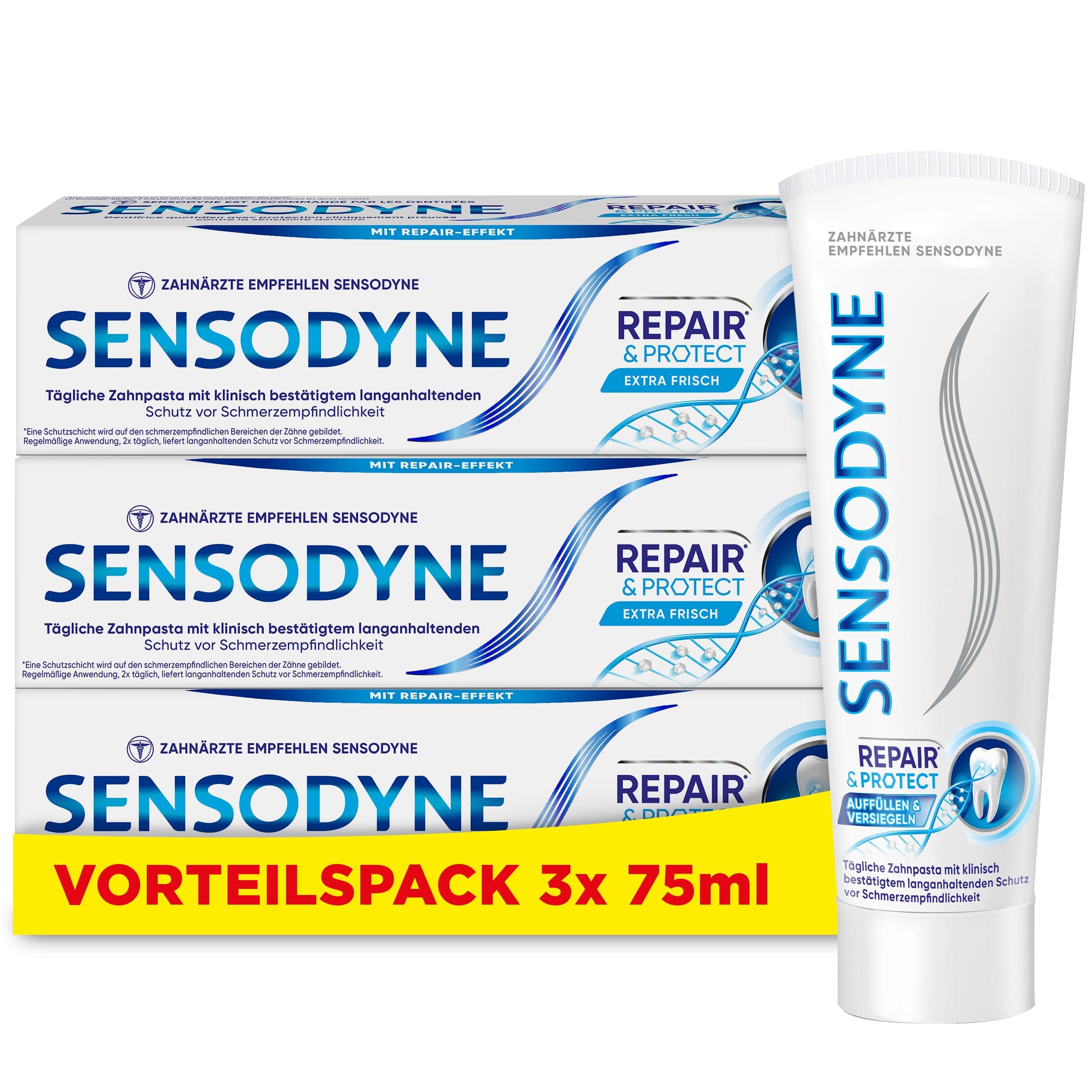 Zahnpasta - Sensodyne Repair* & Protect, tägliche Zahncreme mit Zinnfluorid für schmerzempfindliche Zähne und langanhaltenden Schutz, 3x75 ml Angebot bei HelloDeals