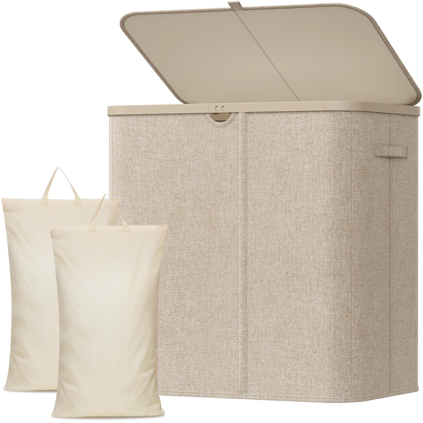 Lifewit Wäschekorb 145L mit Deckel, Großer Wäschesammler aus Kunststoff, Fächer Wäschebox Laundry Basket für Bad, Schlafzimmer, Waschraum, Beige Beige 145L Angebot bei HelloDeals