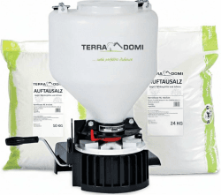 TerraDomi Streusalz 10kg | Gegen Winterglätte und Schnee | Kornklasse M | Auftausalz | + Universal Streuer | Manuelles Streugerät für Dünger Saatgut & Wintersalz | 9L Behälter 10 kg + Streuer Angebot bei HelloDeals
