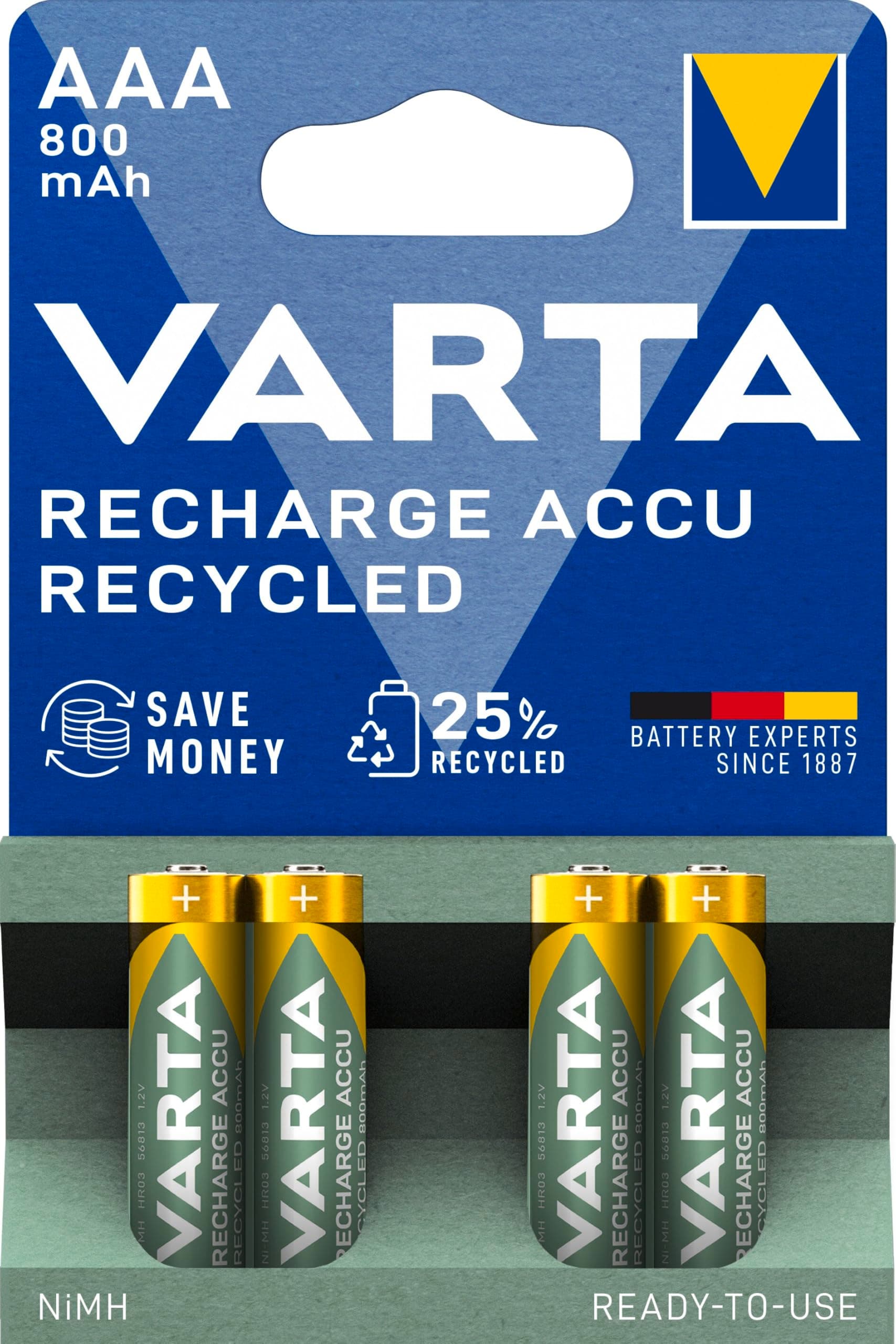 VARTA Batterien AAA, wiederaufladbar, 4 Stück, Recharge Accu Recycled, Akku, 800 mAh Ni-MH, aus 21% recyceltem Material, vorgeladen, sofort einsatzbereit 4 Stück Größe AAA Single Angebot bei HelloDeals