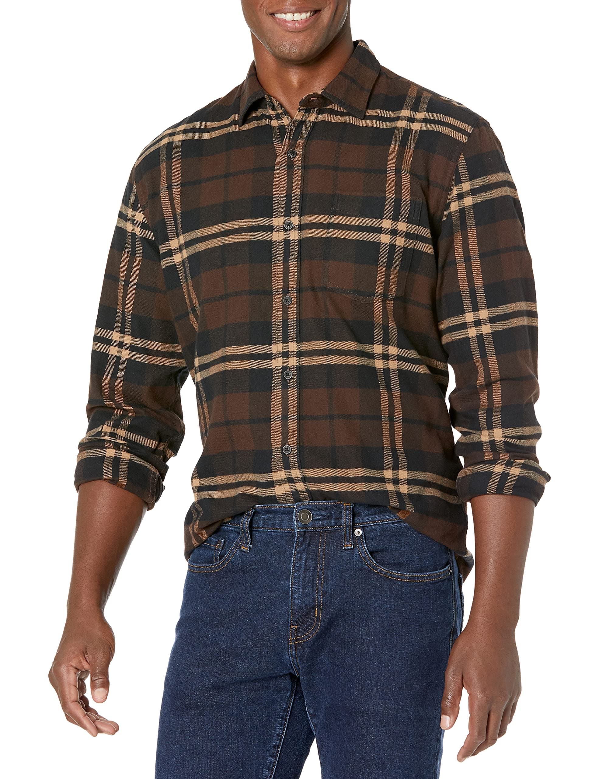 Amazon Essentials Herren Langarm-Flanellhemd L Dunkelbraun Karomuster Angebot bei HelloDeals