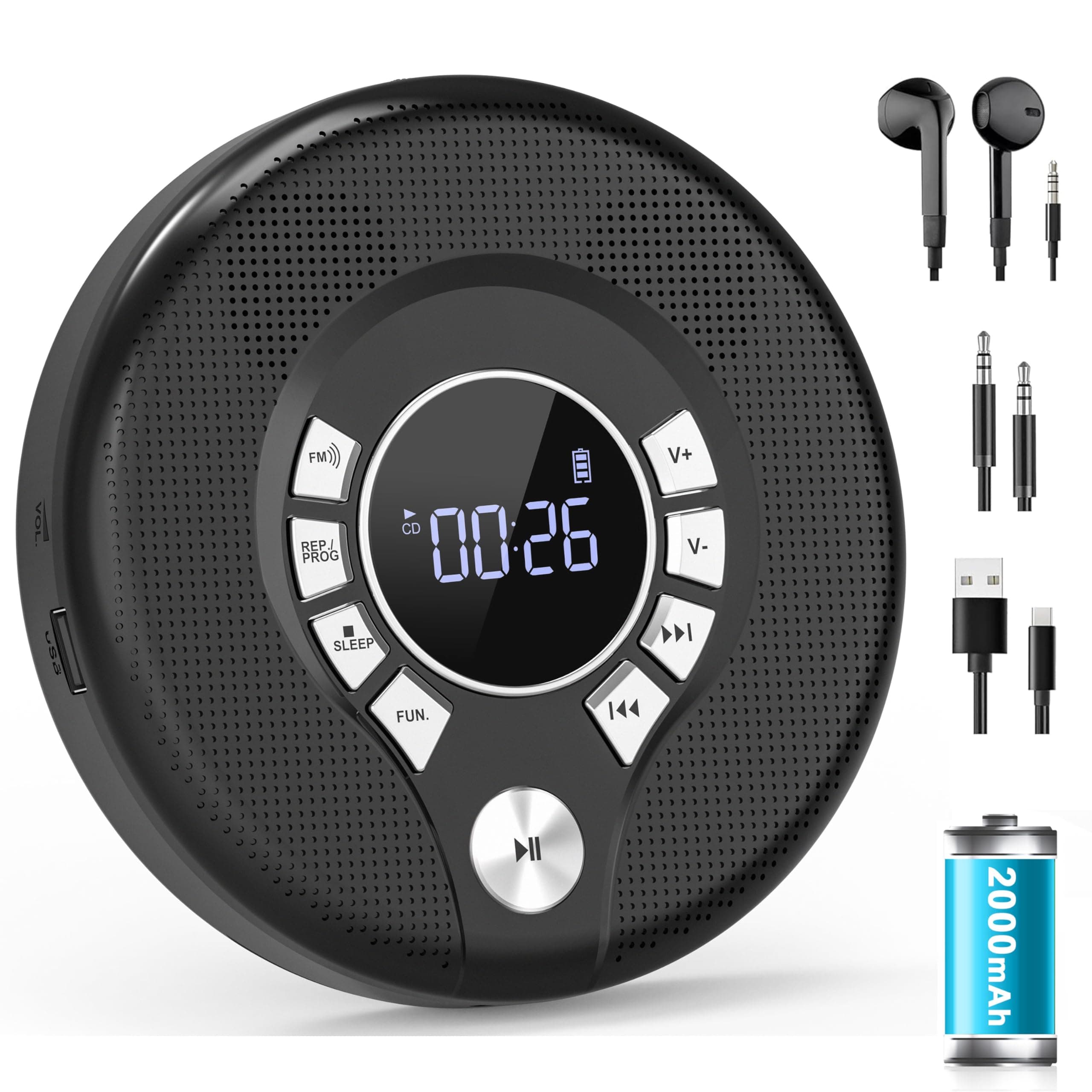 Greadio NEU 2025 CD Player Tragbar mit Kopfhörer, Discman CD Player mit Anti-Skip/Stoßfest und 2000mAh Wiederaufladbarer, Kompatibler FM-Sender, USB, AUX-Ausgang, HiFi-Doppellautsprecher für Auto Schwarz Angebot bei HelloDeals