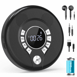 Greadio NEU 2025 CD Player Tragbar mit Kopfhörer, Discman CD Player mit Anti-Skip/Stoßfest und 2000mAh Wiederaufladbarer, Kompatibler FM-Sender, USB, AUX-Ausgang, HiFi-Doppellautsprecher für Auto Schwarz Angebot bei HelloDeals