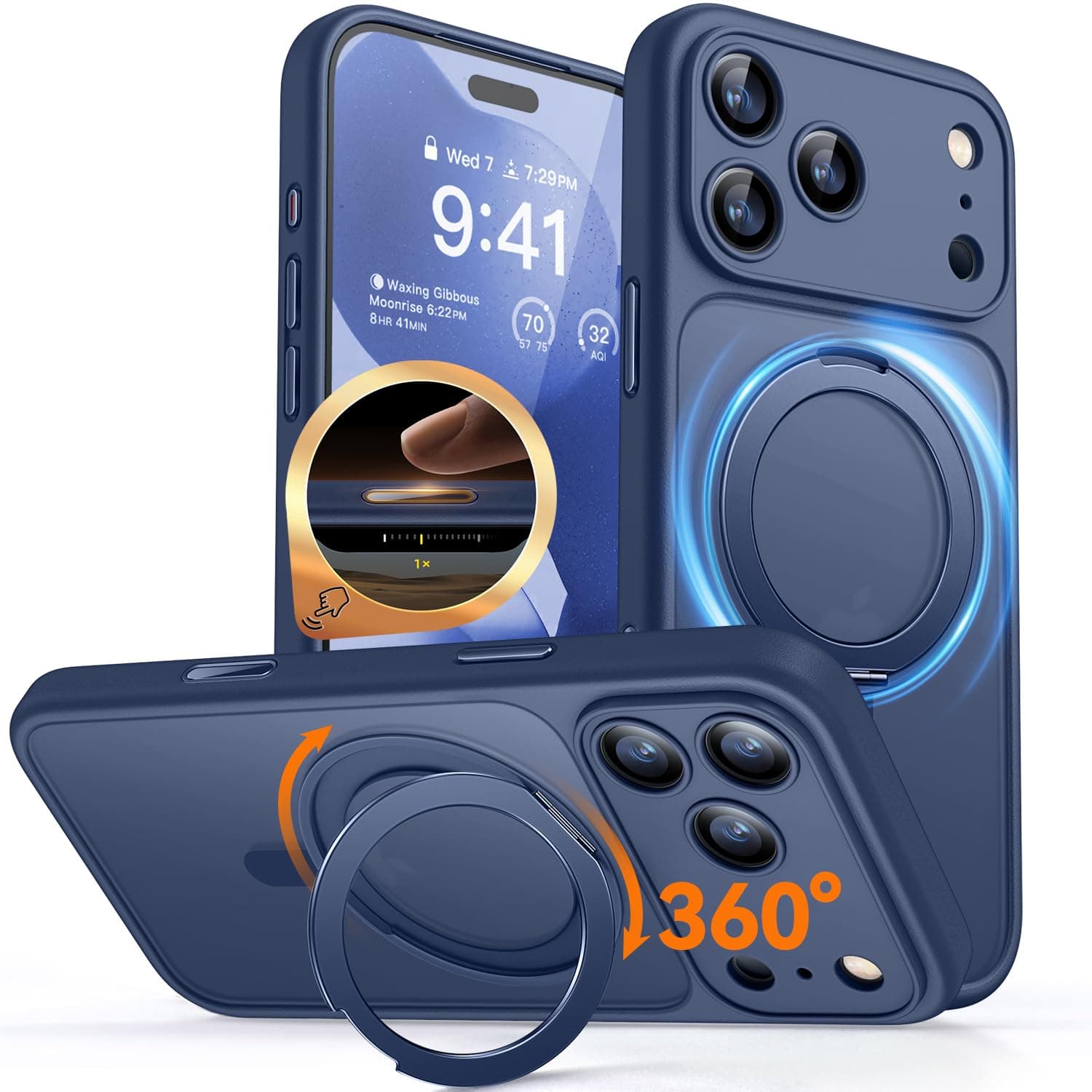 CANSHN 360° Ständer für iPhone 17 Pro Hülle mit Kameraschutz [Camera Control Button] für Magsafe (Magnetischer Robust Standring), Matt Dunkelblau iPhone 17 Pro Z- Dunkelblau Angebot bei HelloDeals