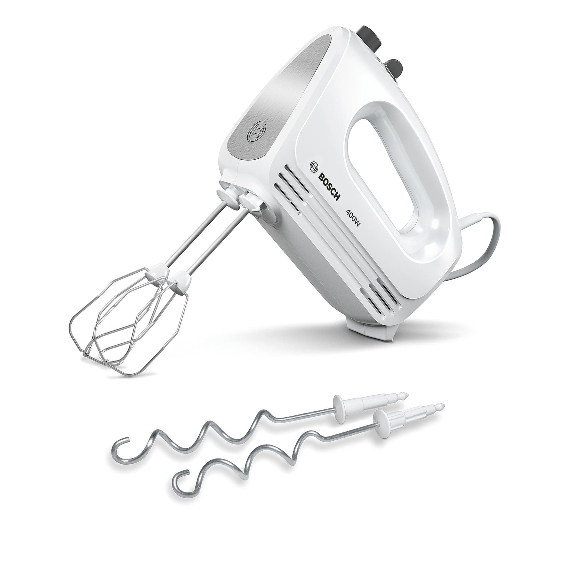 Bosch Handrührgerät, 2 Rührbesen, 2 Knethaken, Edelstahl, spülmaschinenfest, 4 Stufen, Turbostufe, leicht, leise, 400 W, weiß, CleverMixx MFQ24200 Angebot bei HelloDeals