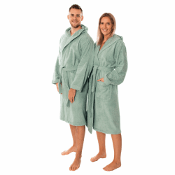 Lavea Mexico – Bademantel Damen & Herren aus 100% Baumwolle – weicher Frottee Morgenmantel mit Kapuze, Unisex Design, Ideal für Sauna & Zuhause, saugstark & pflegeleicht Eukalyptus M Angebot bei HelloDeals