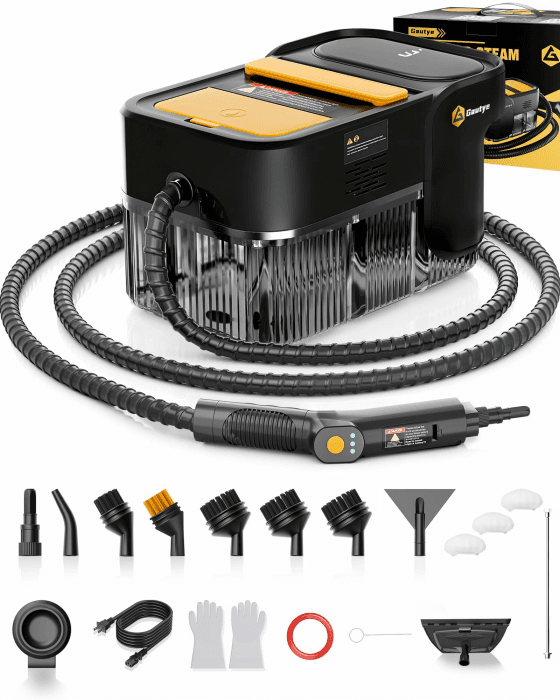 Gautye Dampfreiniger 3 stufig verstellbarer Griff, 10 Sekunden Aufheizzeit, 2L Wassertank, steam cleaner mit 18 Zubehörteilen, Dampfreiniger handgerät für Küche, Badezimmern, Boden, Autos, Fenstern Schwarz Angebot bei HelloDeals