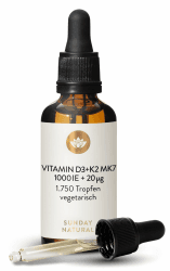 SUNDAY NATURAL® Vitamin D3 K2 Tropfen – Premium Vitamin D 3 1.000 IE + K2-MK7 ≥99,8% all-trans 20µg – Kölner Liste® - 50 ml - Hohe Bioverfügbarkeit ohne unnötige Zusätze, laborgeprüft Angebot bei HelloDeals