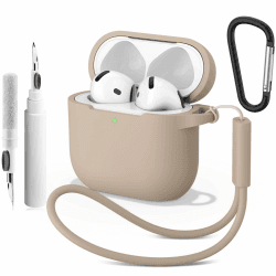 Silikon Hülle für AirPods 4 (2024) mit Reinigungsstift & Karabiner & Lanyard - 2mm Dünne Hülle Stoßfestes Kratzfeste Schutzhülle, 4-in-1 kit Air Pods 4 Generation Case Zubehör Beige Angebot bei HelloDeals