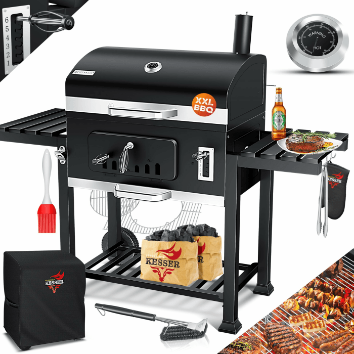 KESSER® Grillwagen BBQ Smoker XXL Holzkohlegrill mit Deckel, Rädern, Edelstahl-Griff, Thermometer, Grillrost, Bürste, Abdeckhaube & Silikon-Pinsel, Standgrill, Kohlegrillwagen XXL + Set Abdeckhaube + Bürste Schwarz Angebot bei HelloDeals