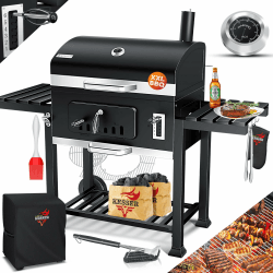 KESSER® Grillwagen BBQ Smoker XXL Holzkohlegrill mit Deckel, Rädern, Edelstahl-Griff, Thermometer, Grillrost, Bürste, Abdeckhaube & Silikon-Pinsel, Standgrill, Kohlegrillwagen XXL + Set Abdeckhaube + Bürste Schwarz Angebot bei HelloDeals
