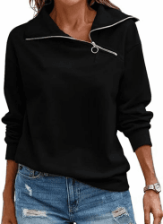 Pullover Damen Sweatshirt Herbst Quarter Zip Langarm Stehkragen Pullover Loose Einfarbig Casual Oberteile Damen Schwarz 3XL Angebot bei HelloDeals