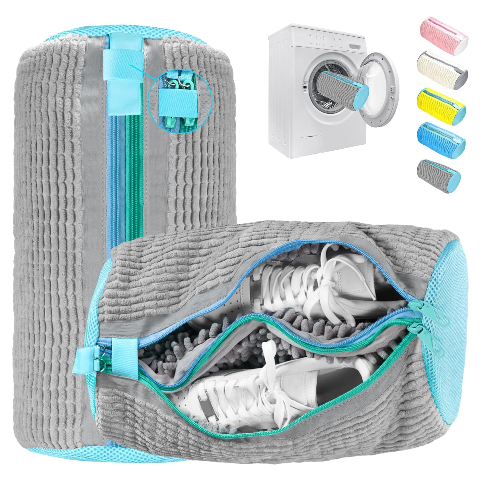 2 in 1 Schuhwaschbeutel Waschmaschine, Doppel Reißverschluss & Doppeltaschen Schuhbeutel Waschmaschine, Wiederverwendbar, Schuhe Waschbeutel mit Abschließbarer ReiBverschluss Grau Angebot bei HelloDeals