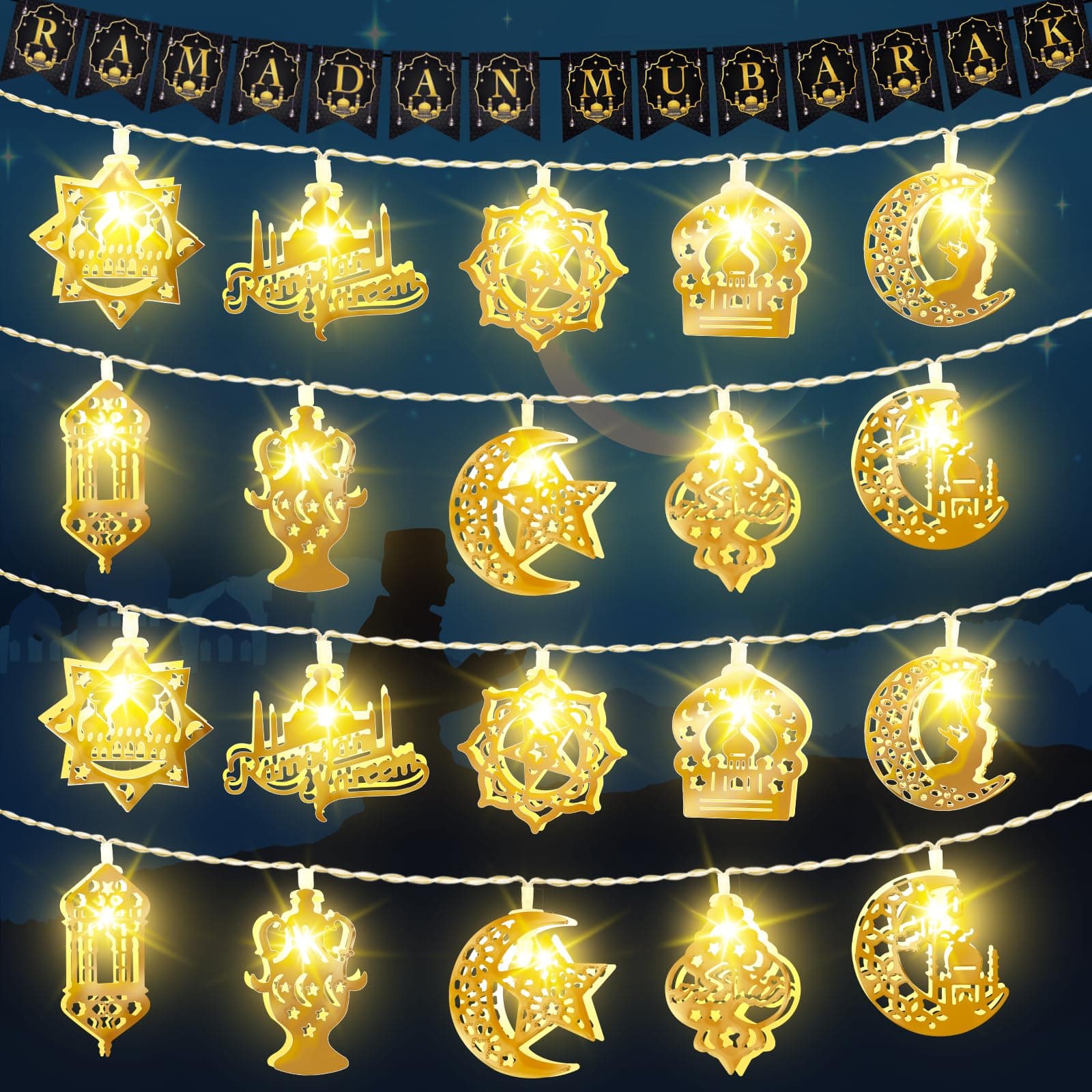 Ramadan Lichterkette 3M 20LED Ramadan Eid Mubarak Dekoration Banner Batteriebetrieben Stern Mond Lichterkette für Muslim Heim Dekoration Party Zubehör, Golden Golden 3M Angebot bei HelloDeals