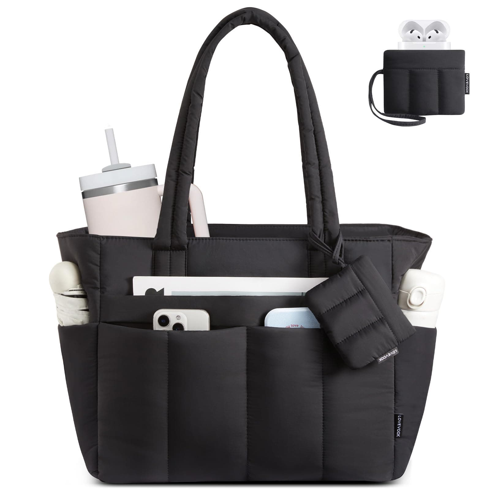LOVEVOOK Shopper Tasche Damen Handtasche Groß, Leicht Arbeitstasche Puffer Tote Bag mit Vielen Fächern, 15,6 Zoll Laptoptasche Schultasche Lehrertasche, Schultertasche für Arbeit Büro Uni Reise M 1-schwarz Angebot bei HelloDeals
