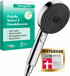 hansgrohe Pulsify Select S - wassersparender Duschkopf 6,9 l/min (EcoSmart), Handbrause mit 3 Strahlarten, 105 mm Duschbrause, Sparduschkopf mit Antikalk-Funktion, Chrom, 24111000 Chrom 3 Water-Saving Spray Patterns mit PowderRain und Massagestrahl Angebot bei HelloDeals